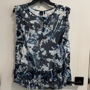 Kaari Blue Blue, Black & White Ruffle Tie-Neck Floral Blouse